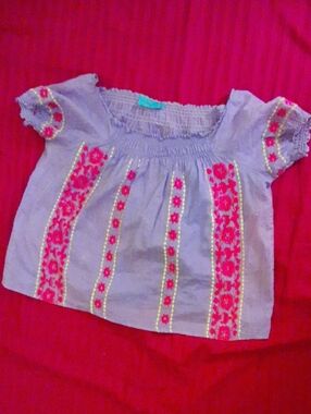 Letarte Lavender Smocked Top with Hot Pink and Yellow Embroidery, Women Small